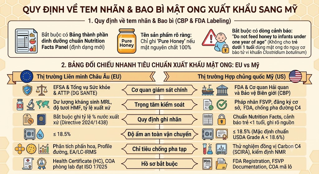 Infographic t&oacute;m tắt quy định tem nh&atilde;n FDA v&agrave; đối chiếu ti&ecirc;u chuẩn xuất khẩu mật ong EU vs Mỹ.