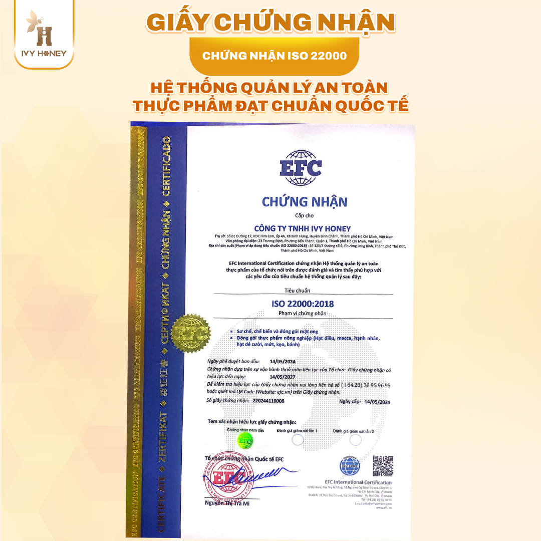 Giấy chứng nhận hệ thống quản l&yacute; an to&agrave;n thực phẩm ISO 22000:2018 của Ivy Honey